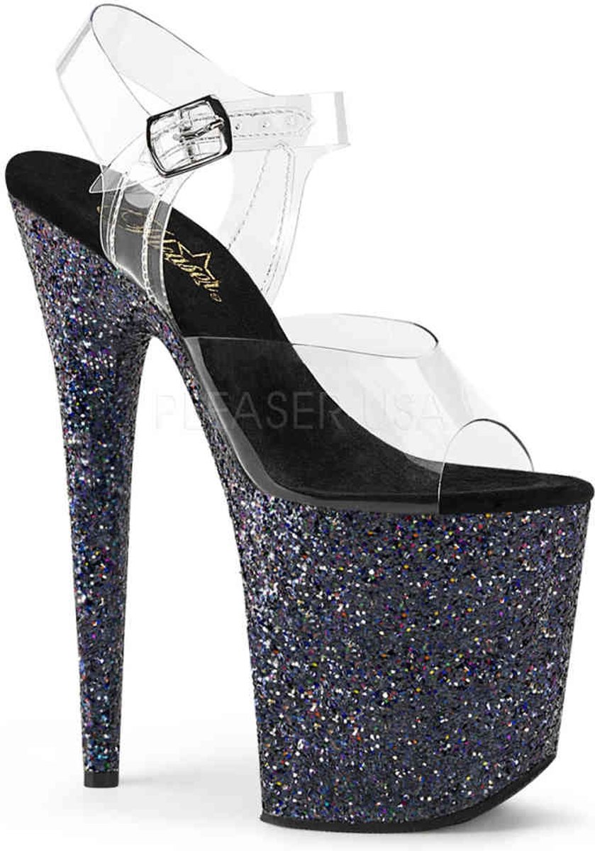 EU 37 = US 7 | FLAMINGO-808LG | 8 Heel, 4 PF Ankle Strap Sandal w/Holographic Glitter Cov